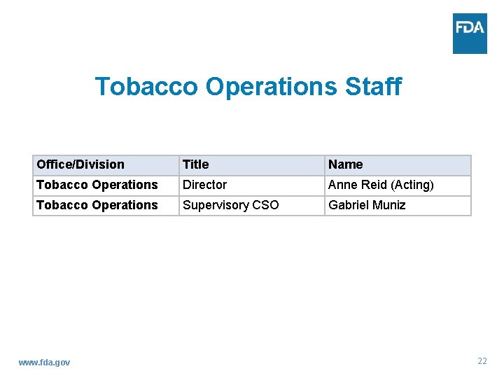 Tobacco Operations Staff Office/Division Title Name Tobacco Operations Director Anne Reid (Acting) Tobacco Operations