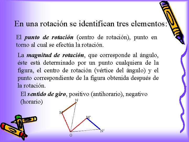 En una rotación se identifican tres elementos: El punto de rotación (centro de rotación),