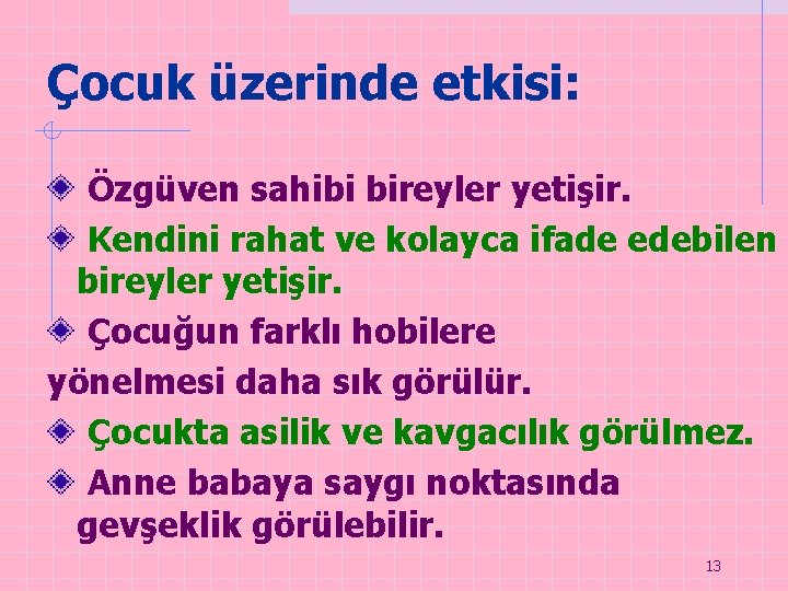 Çocuk üzerinde etkisi: Özgüven sahibi bireyler yetişir. Kendini rahat ve kolayca ifade edebilen bireyler Çocuk üzerinde etkisi: Özgüven sahibi bireyler yetişir. Kendini rahat ve kolayca ifade edebilen bireyler