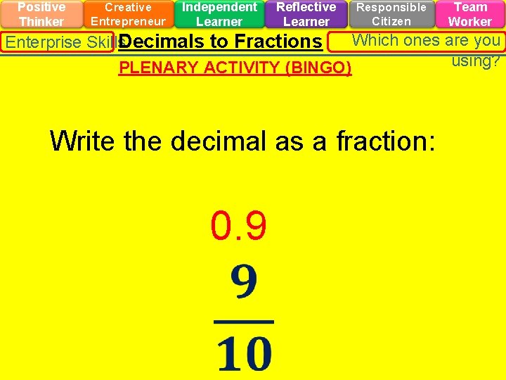 Positive Thinker Creative Entrepreneur Independent Learner Reflective Learner Responsible Citizen Team Worker Which ones
