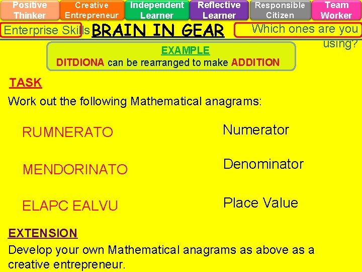 Positive Thinker Creative Entrepreneur Independent Learner Enterprise Skills BRAIN Reflective Learner IN GEAR Responsible