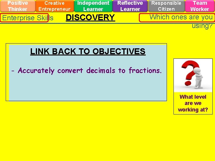 Positive Thinker Creative Entrepreneur Enterprise Skills Independent Learner Reflective Learner DISCOVERY Responsible Citizen Team