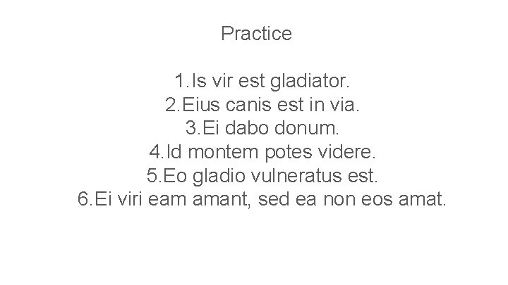 Practice 1. Is vir est gladiator. 2. Eius canis est in via. 3. Ei
