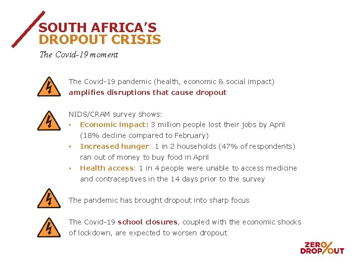 SOUTH AFRICA’S DROPOUT CRISIS The Covid-19 moment The Covid-19 pandemic (health, economic & social
