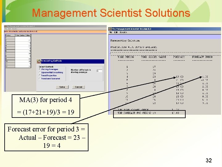 Management Scientist Solutions MA(3) for period 4 = (17+21+19)/3 = 19 Forecast error for