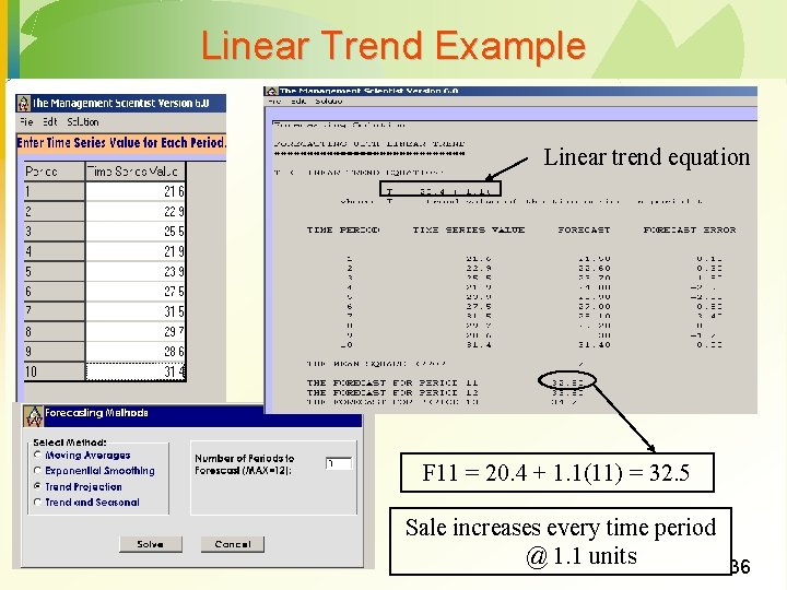Linear Trend Example Linear trend equation F 11 = 20. 4 + 1. 1(11)