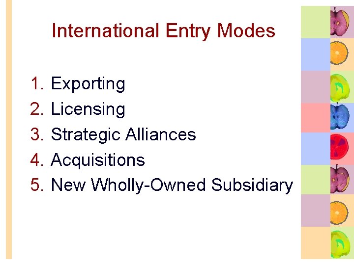 International Entry Modes 1. 2. 3. 4. 5. Exporting Licensing Strategic Alliances Acquisitions New