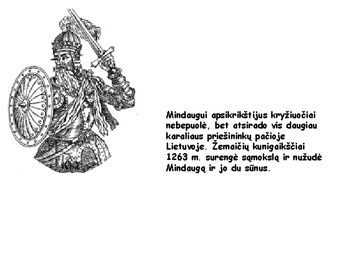 Mindaugui apsikrikštijus kryžiuočiai nebepuolė, bet atsirado vis daugiau karaliaus priešininkų pačioje Lietuvoje. Žemaičių kunigaikščiai