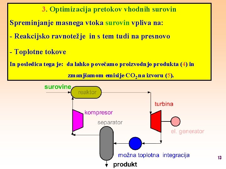 3. Optimizacija pretokov vhodnih surovin Spreminjanje masnega vtoka surovin vpliva na: - Reakcijsko ravnotežje