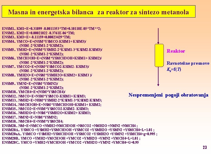 Masna in energetska bilanca za reaktor za sintezo metanola ENSM 1. . KM 1=E=0.