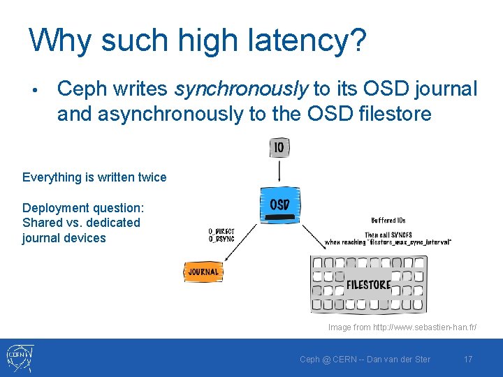 Why such high latency? • Ceph writes synchronously to its OSD journal and asynchronously