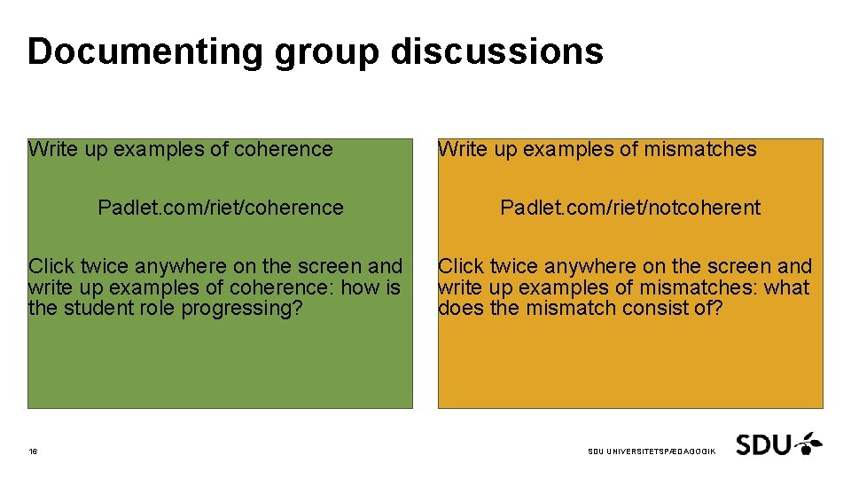 Documenting group discussions Write up examples of coherence Write up examples of mismatches Padlet.