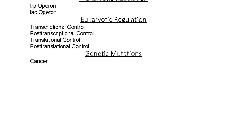 Prokaryotic Regulation trp Operon lac Operon Eukaryotic Regulation Transcriptional Control Posttranscriptional Control Translational Control