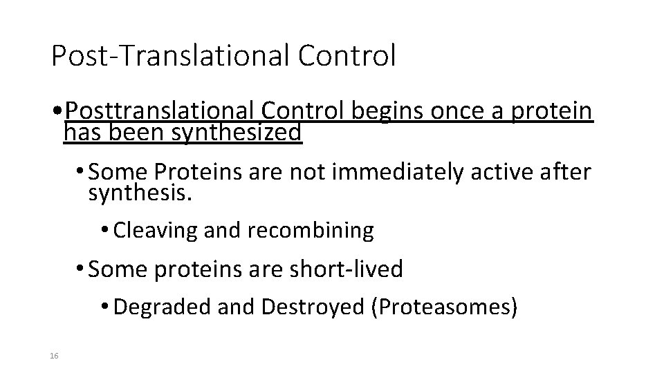 Post-Translational Control • Posttranslational Control begins once a protein has been synthesized • Some