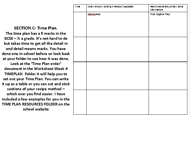 SECTION C: Time Plan. The time plan has a 9 marks in the GCSE