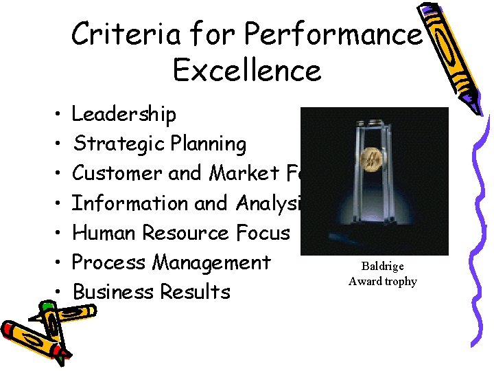 Criteria for Performance Excellence • • Leadership Strategic Planning Customer and Market Focus Information