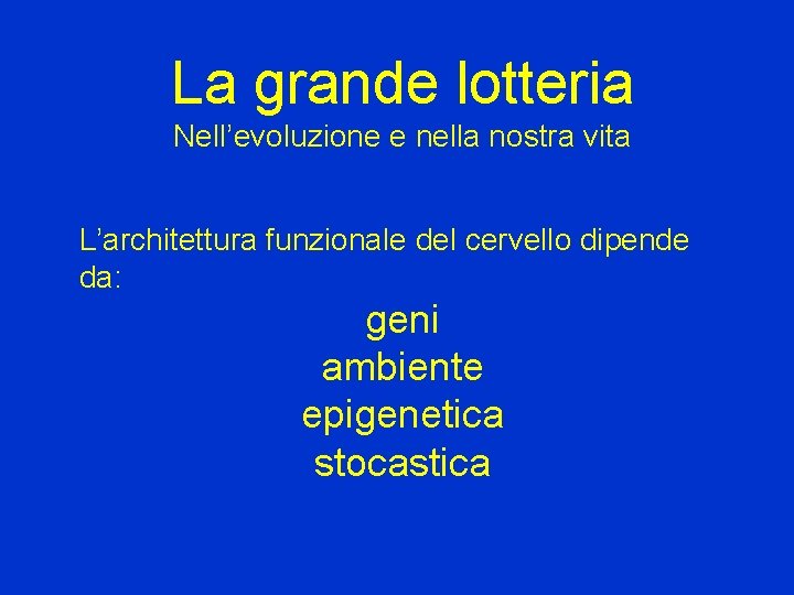 La grande lotteria Nell’evoluzione e nella nostra vita L’architettura funzionale del cervello dipende da: