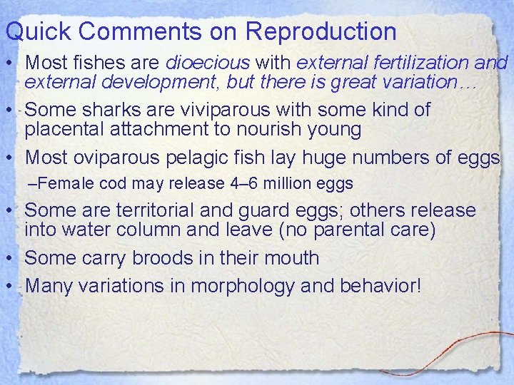 Quick Comments on Reproduction • Most fishes are dioecious with external fertilization and external