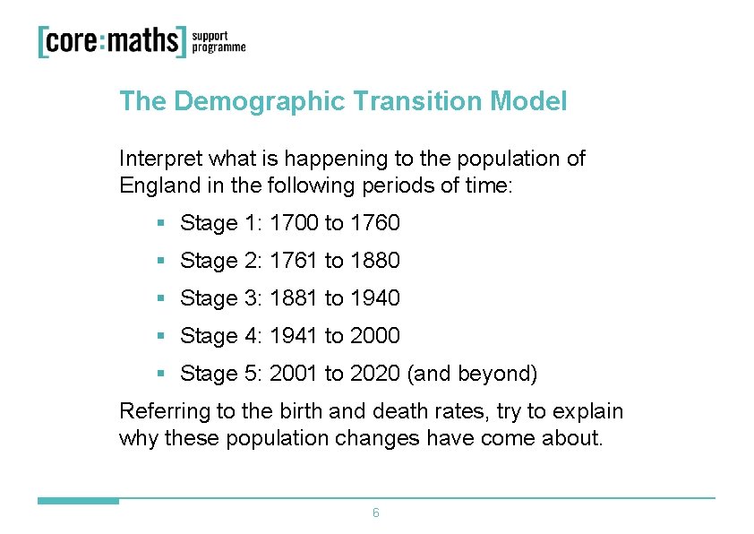 The Demographic Transition Model Interpret what is happening to the population of England in