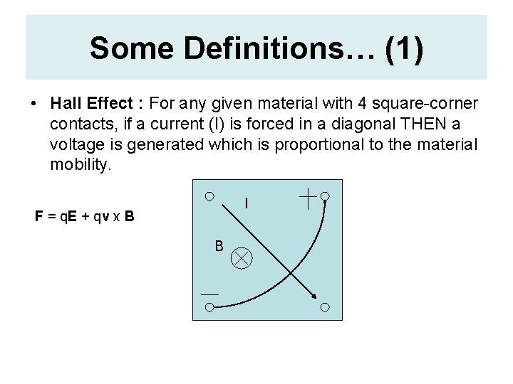 Some Definitions… (1) • Hall Effect : For any given material with 4 square-corner Some Definitions… (1) • Hall Effect : For any given material with 4 square-corner