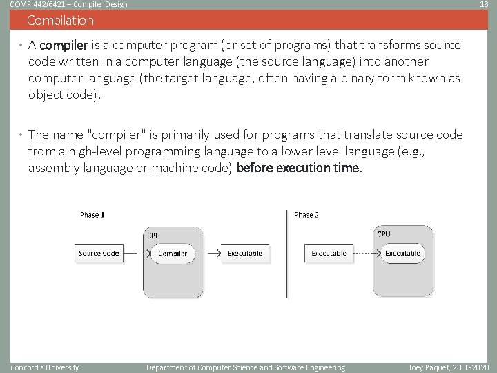 COMP 442/6421 – Compiler Design 18 Compilation • A compiler is a computer program COMP 442/6421 – Compiler Design 18 Compilation • A compiler is a computer program