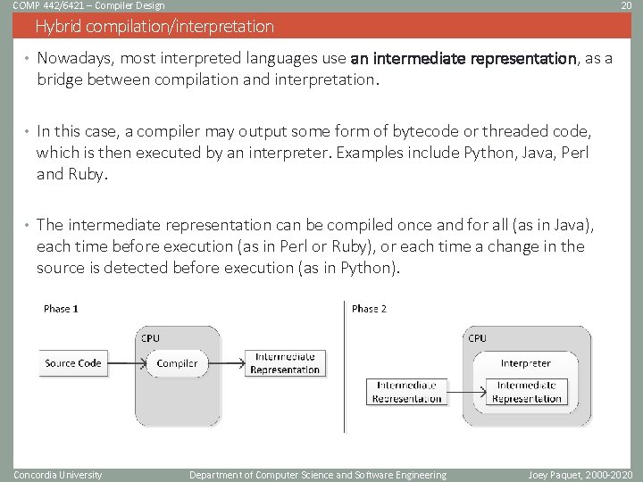 COMP 442/6421 – Compiler Design 20 Hybrid compilation/interpretation • Nowadays, most interpreted languages use COMP 442/6421 – Compiler Design 20 Hybrid compilation/interpretation • Nowadays, most interpreted languages use