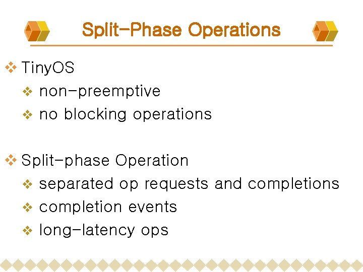 Split-Phase Operations v Tiny. OS v non-preemptive v no blocking operations v Split-phase Operation Split-Phase Operations v Tiny. OS v non-preemptive v no blocking operations v Split-phase Operation