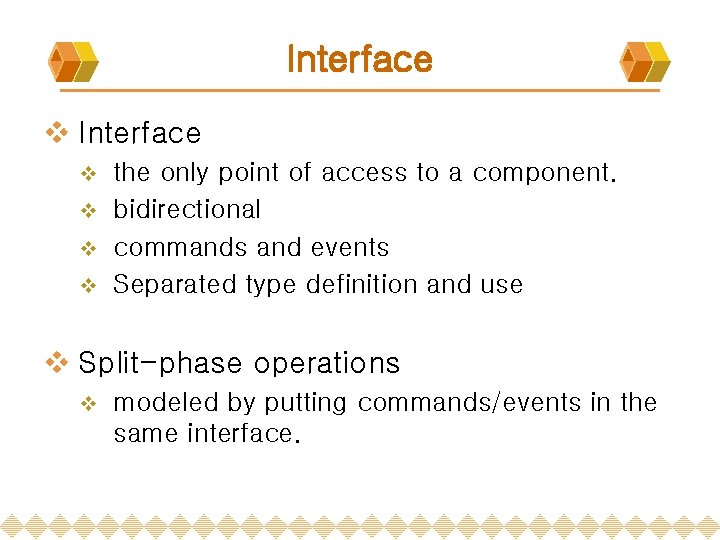 Interface v Interface the only point of access to a component. v bidirectional v Interface v Interface the only point of access to a component. v bidirectional v