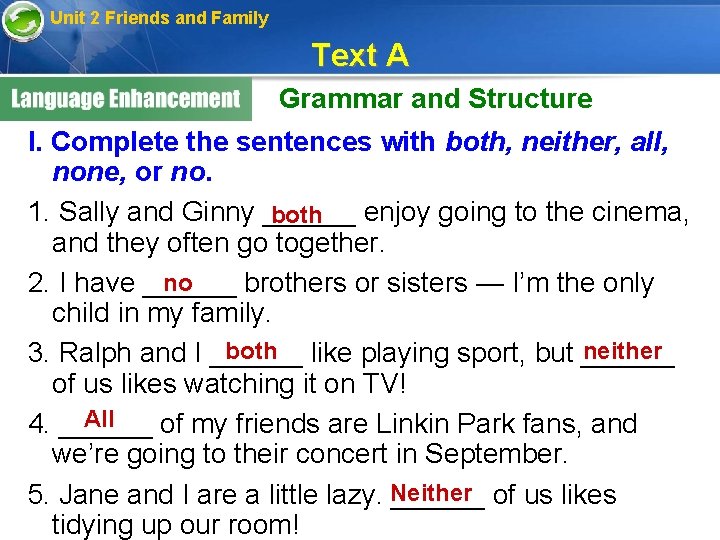 Unit 2 Friends and Family Text A Grammar and Structure I. Complete the sentences