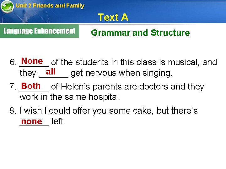 Unit 2 Friends and Family Text A Grammar and Structure None of the students