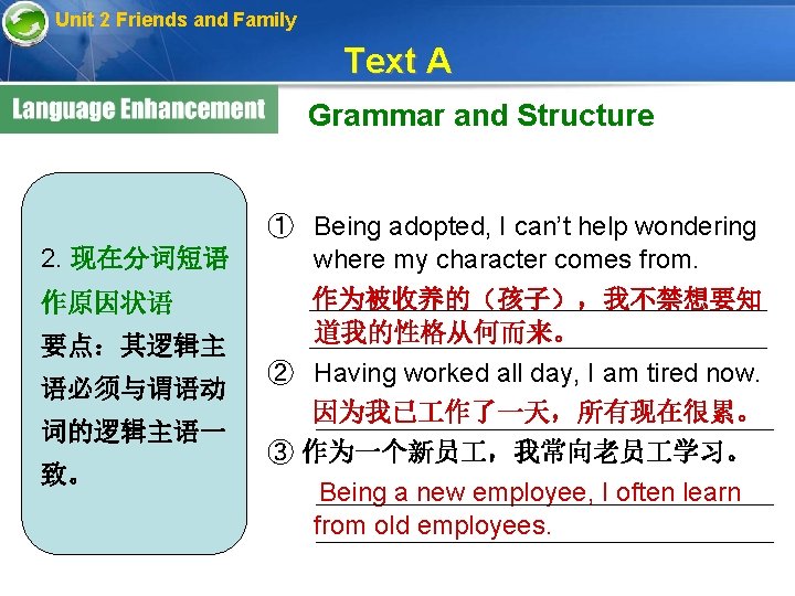 Unit 2 Friends and Family Text A Grammar and Structure 2. 现在分词短语 作原因状语 要点：其逻辑主