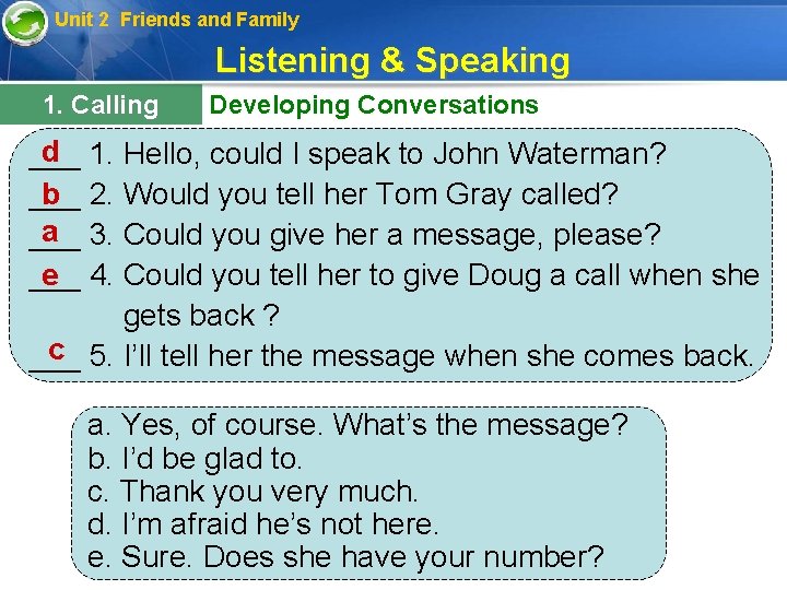 Unit 2 Friends and Family Listening & Speaking 1. Calling Friends Developing Conversations d