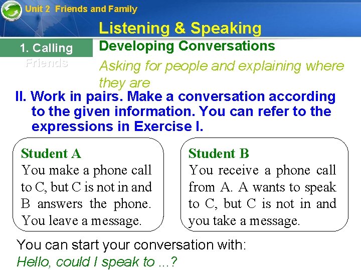 Unit 2 Friends and Family Listening & Speaking Developing Conversations Asking for people and