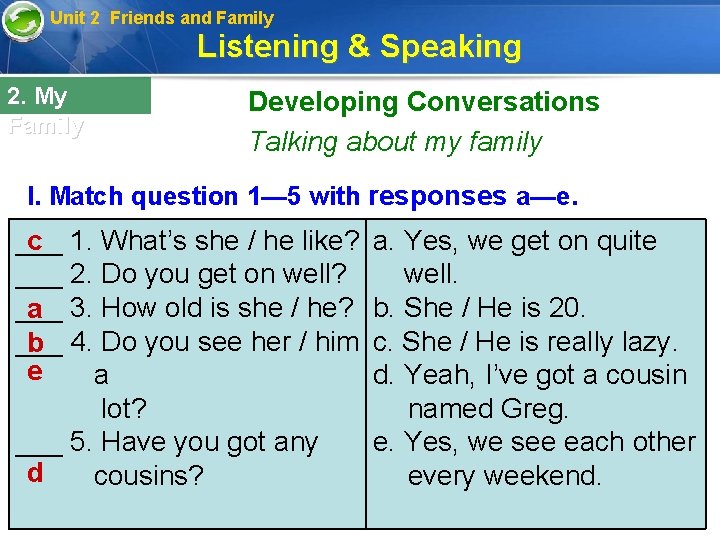 Unit 2 Friends and Family Listening & Speaking 2. My Family Developing Conversations Talking