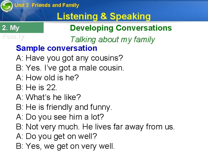 Unit 2 Friends and Family Listening & Speaking Developing Conversations Talking about my family