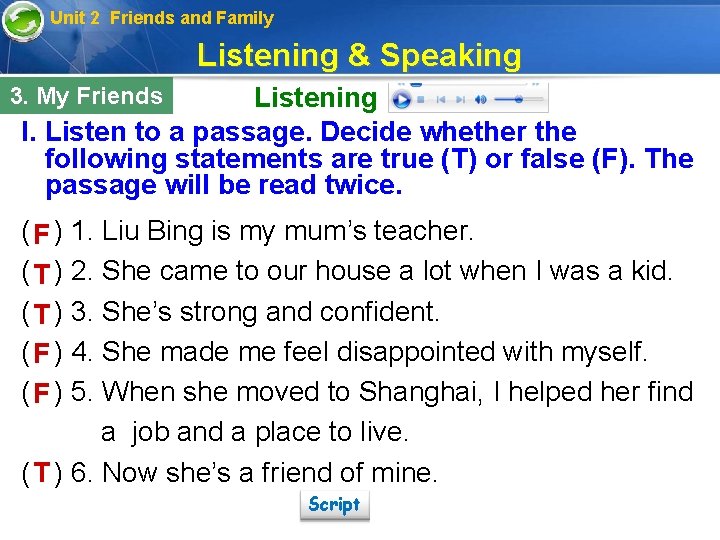 Unit 2 Friends and Family Listening & Speaking Listening I. Listen to a passage.