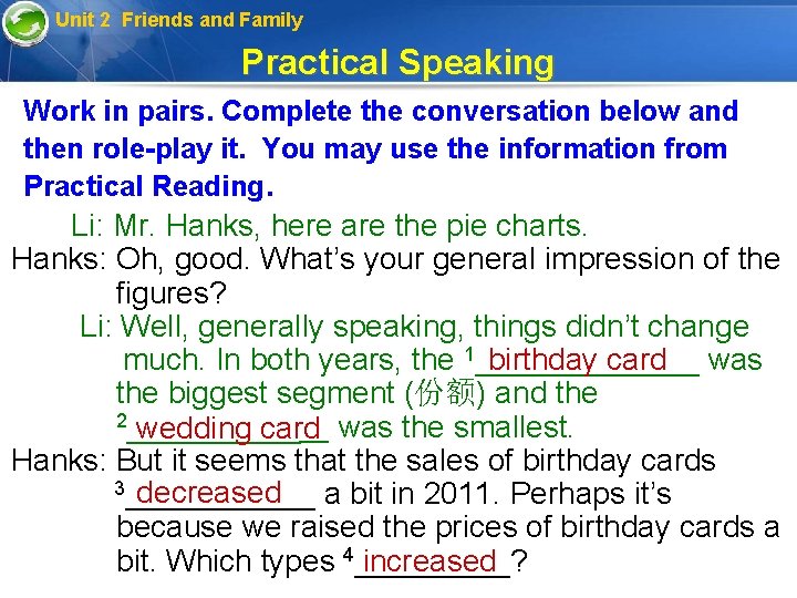 Unit 2 Friends and Family Practical Speaking Work in pairs. Complete the conversation below