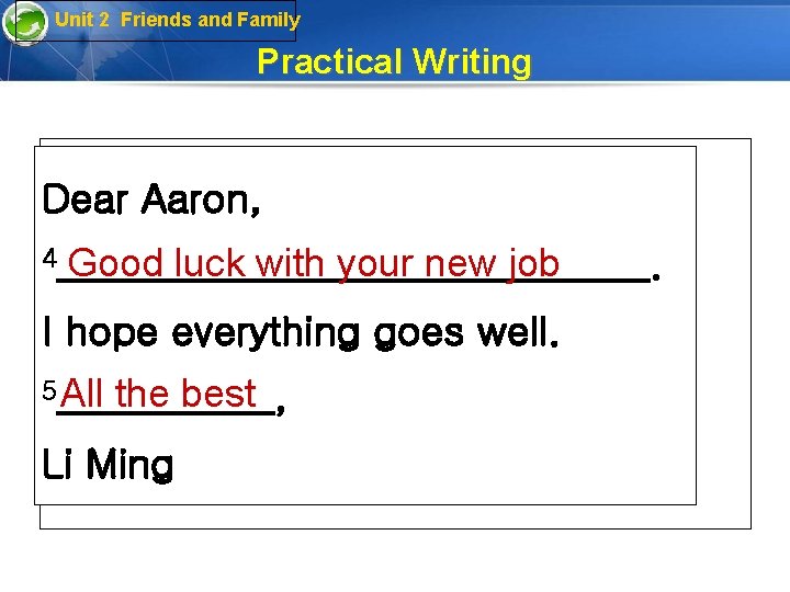 Unit 2 Friends and Family Practical Writing Dear Aaron, 4_______________. Good luck with your