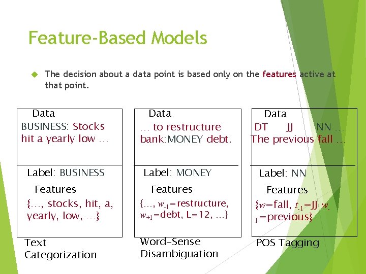 Feature-Based Models The decision about a data point is based only on the features