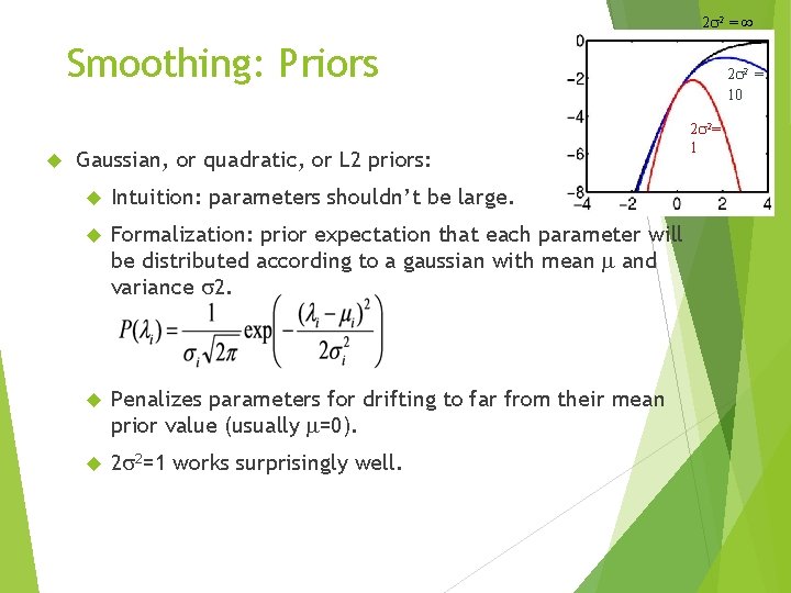 2 2 = Smoothing: Priors Gaussian, or quadratic, or L 2 priors: Intuition: parameters