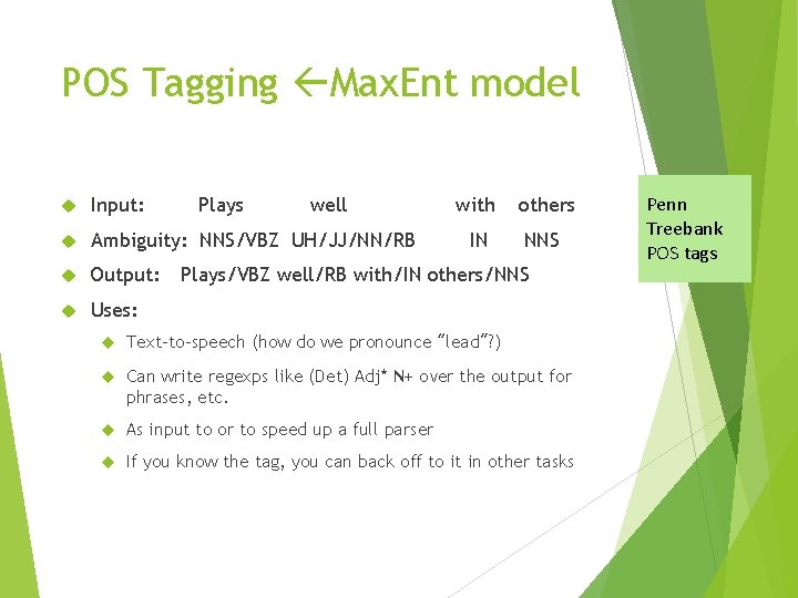 POS Tagging Max. Ent model Input: Plays well Ambiguity: NNS/VBZ UH/JJ/NN/RB Output: Uses: with