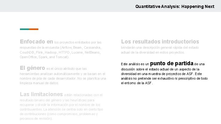 Quantitative Analysis: Happening Next Enfocado en los proyectos enlistados por las Los resultados introductorios