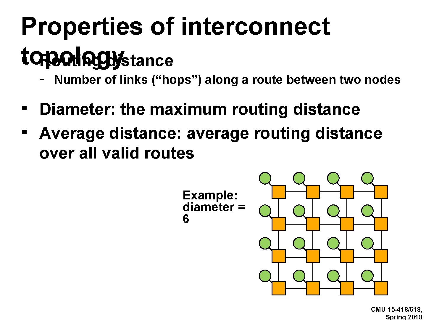 Properties of interconnect topology ▪ Routing distance - Number of links (“hops”) along a