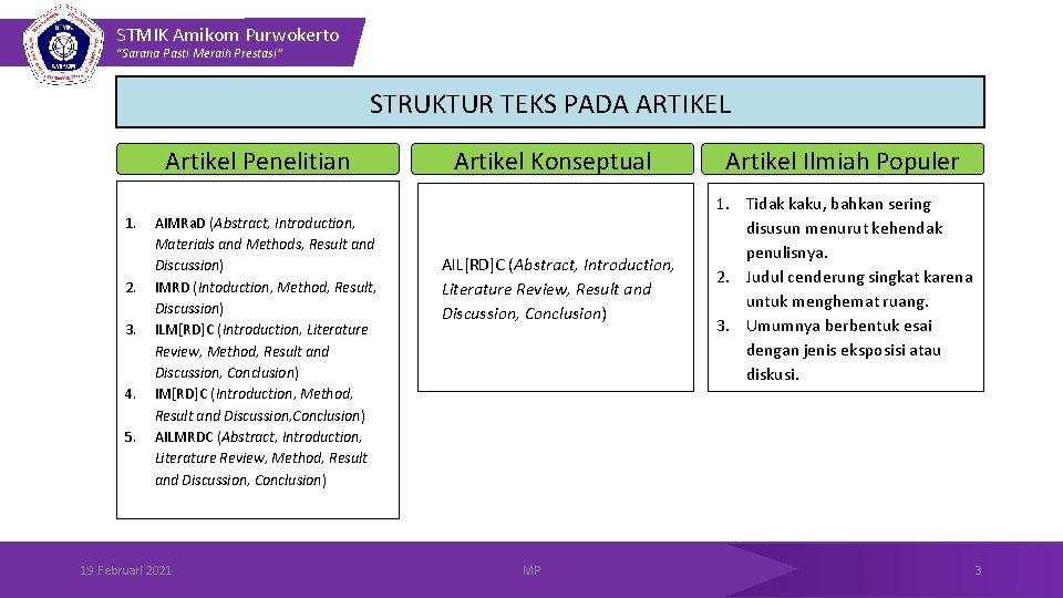 STMIK Amikom Purwokerto “Sarana Pasti Meraih Prestasi” STRUKTUR TEKS PADA ARTIKEL Artikel Penelitian 1.