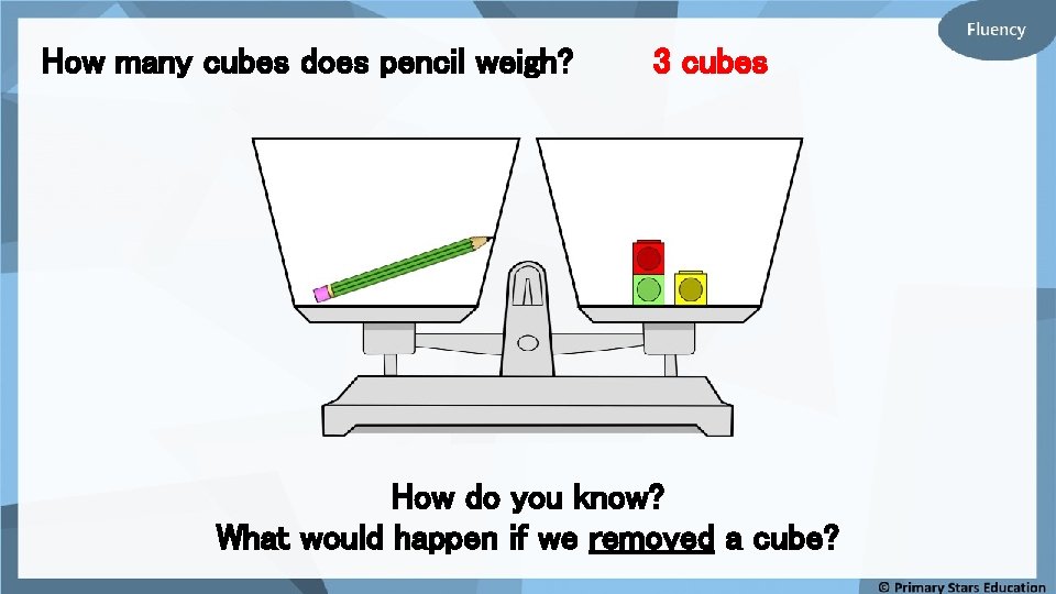 How many cubes does pencil weigh? 3 cubes How do you know? What would