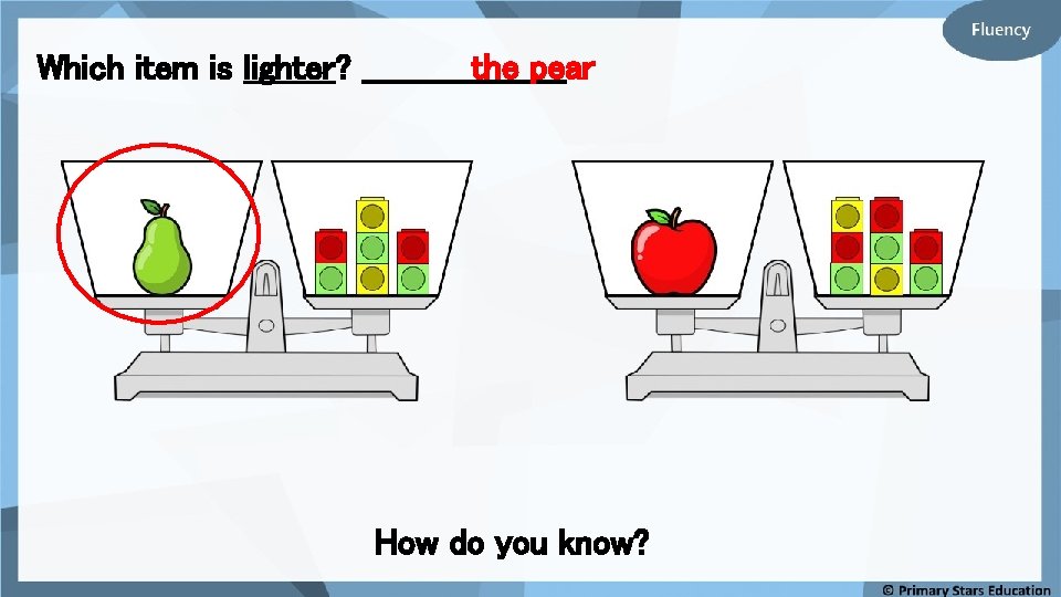 the pear Which item is lighter? __________ How do you know? 