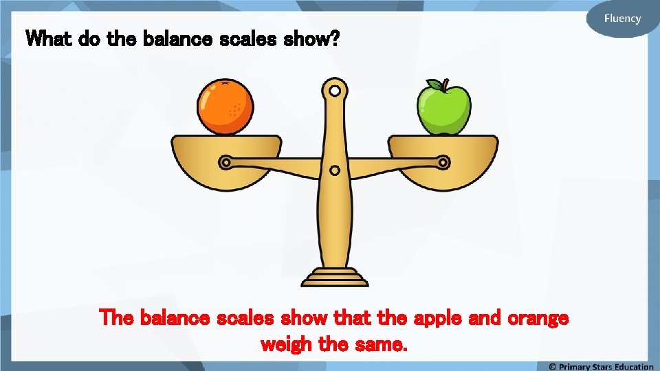 What do the balance scales show? The balance scales show that the apple and