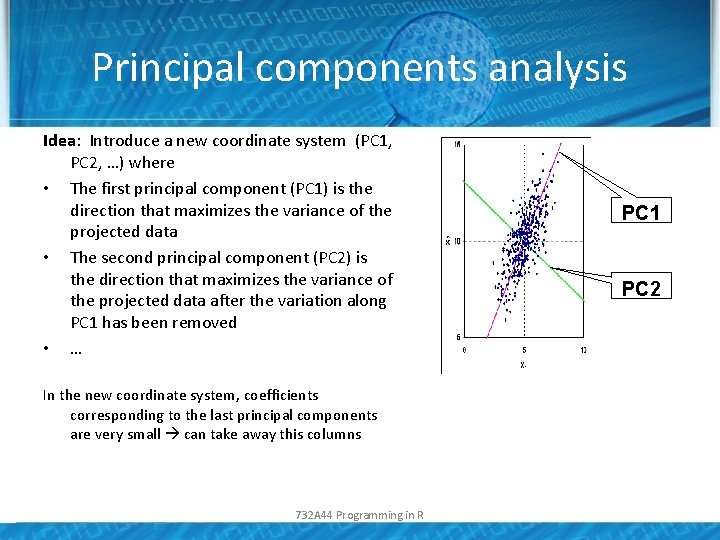 Principal components analysis Idea: Introduce a new coordinate system (PC 1, PC 2, …)