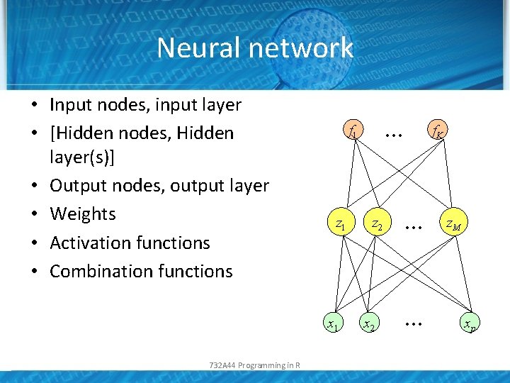 Neural network • Input nodes, input layer • [Hidden nodes, Hidden layer(s)] • Output