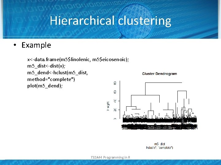 Hierarchical clustering • Example x<-data. frame(m 5$linolenic, m 5$eicosenoic); m 5_dist<-dist(x); m 5_dend<-hclust(m 5_dist,